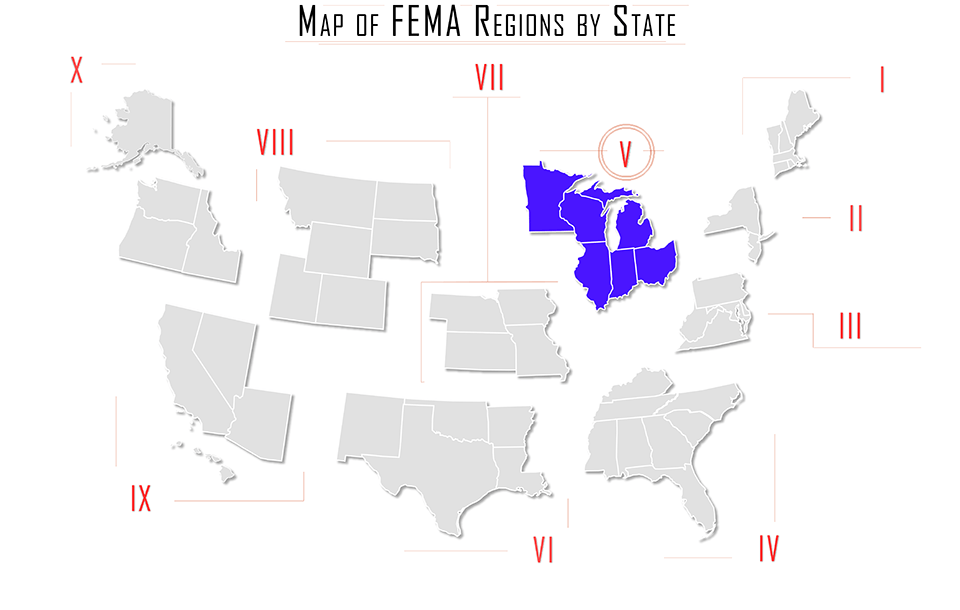 FEMA region v, FEMA region 5, map with Illinois, Indiana, Ohio, Michigan, Minnesota, and Wisconsin